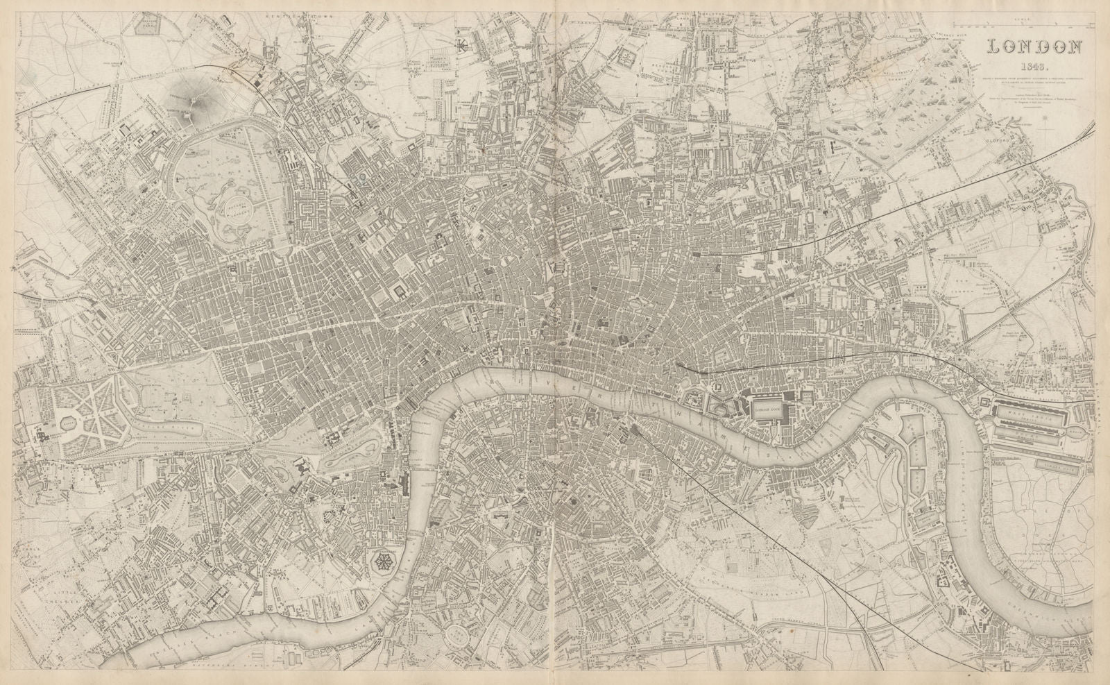 LONDON in 1843 antique town city map plan. LARGE 65x40 cm. SDUK 1844 old